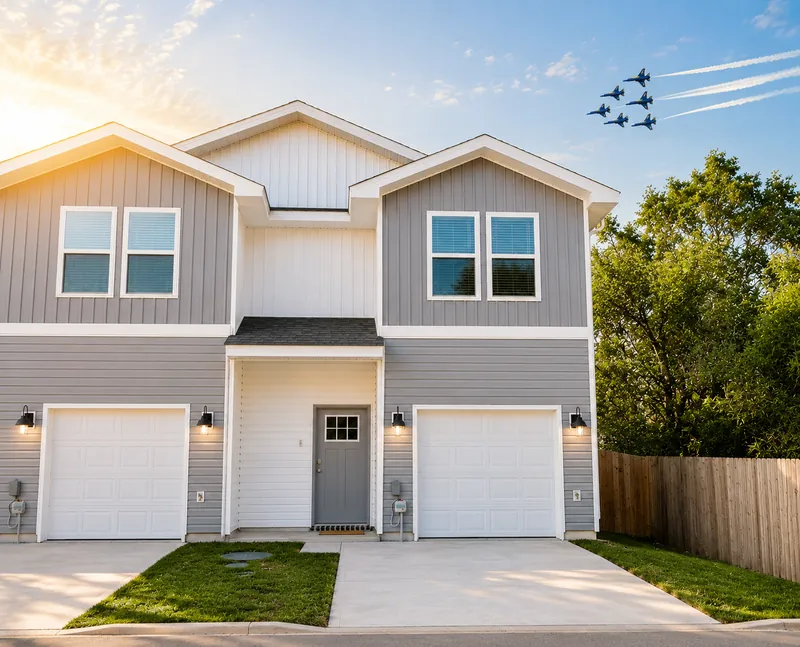 Ellie's Cove end-unit townhome exterior at sunset with the Blue Angels flying overhead near NAS Pensacola
