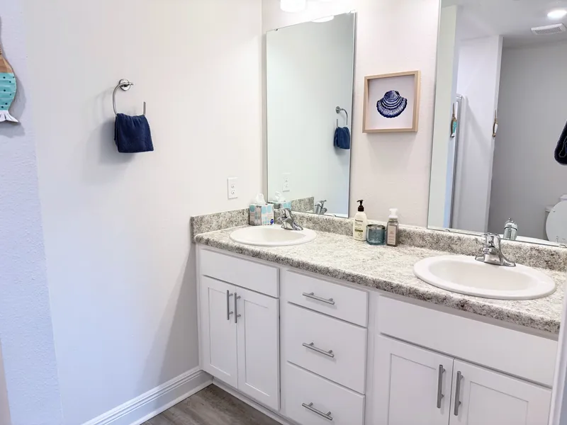 Ensuite primary bathroom with dual vanity and walk-in shower